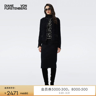 WC3T008 圆领针织开衫 DVF 曜石黑毛呢混纺通勤短款