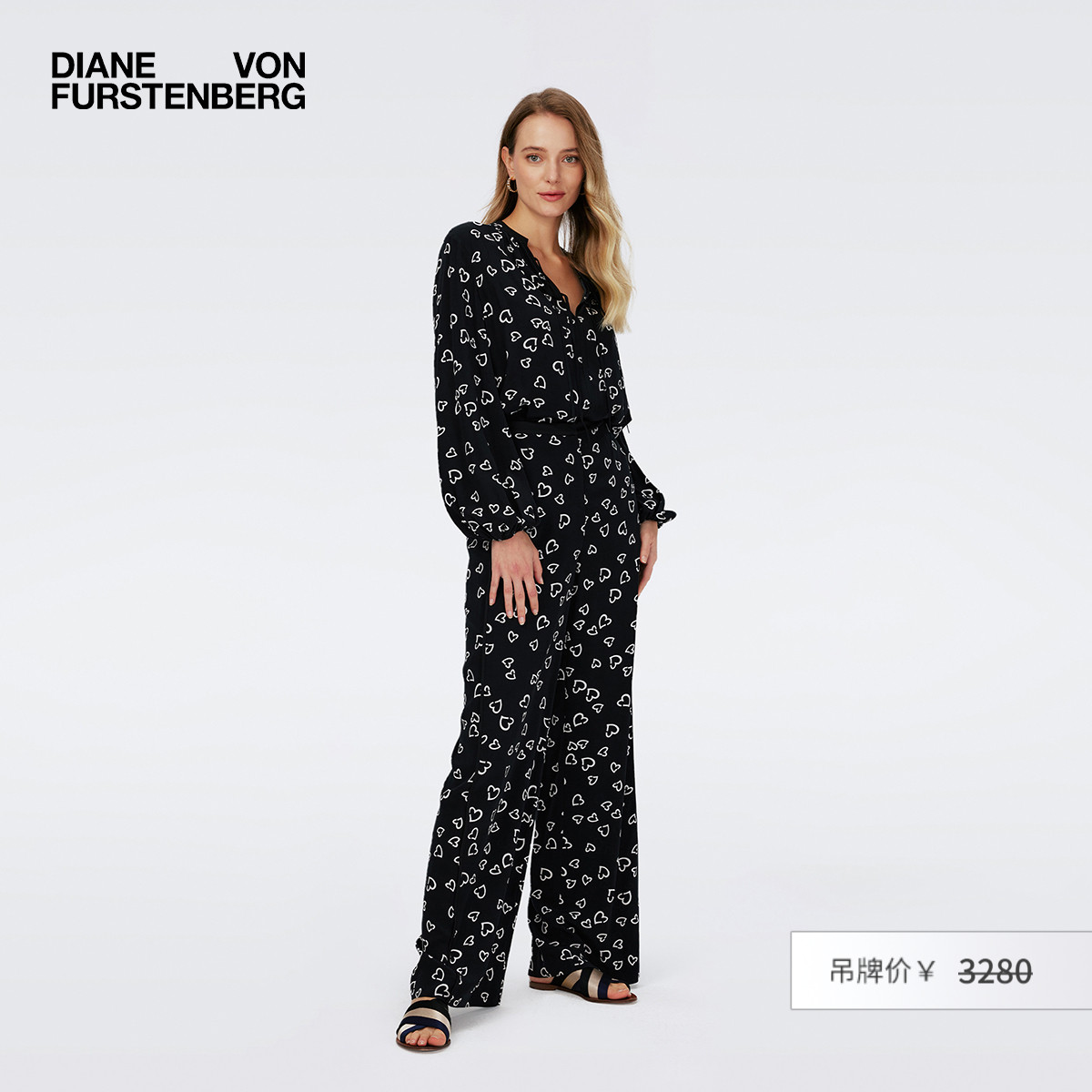 DVF黑白可爱桃心图案阔腿裤长裤