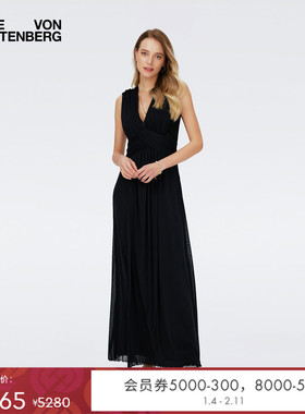 [小黑裙]DVF度假V领礼服裙弹力网纱连衣裙长裙DS4R009