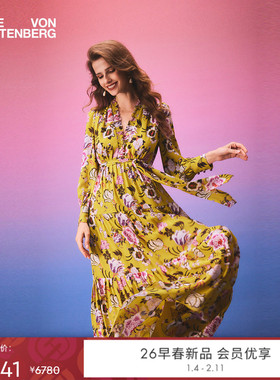 [海岛度假]DVF2026早春新款月光黄柳枝花卉宴会连衣裙DL4T018