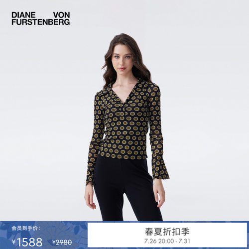 [弹力网纱]DVF2026春夏新款金色罗盘玫瑰POLO领长袖上衣BL4T014