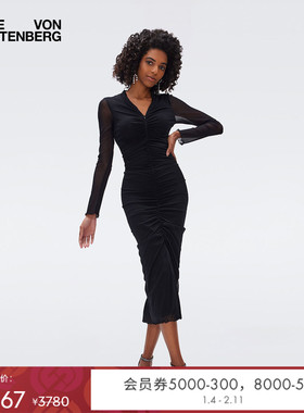 [弹力网纱]DVF礼服气质修身小黑裙长袖中长款连衣裙DL3R026