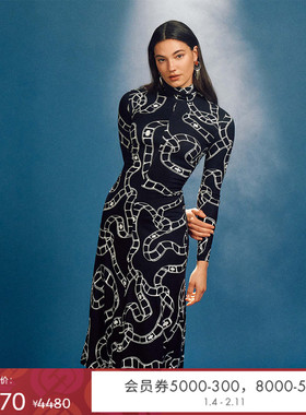 [博主同款]DVF气质高领收腰印花海文针织长袖中长连衣裙DL3R023