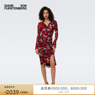 V领弹力网纱波点玫瑰印花修身 DVF 红裙连衣裙DL4R063 弹力网纱