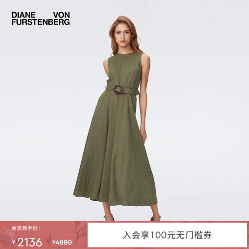 DVF无袖橄榄绿长裙连衣裙