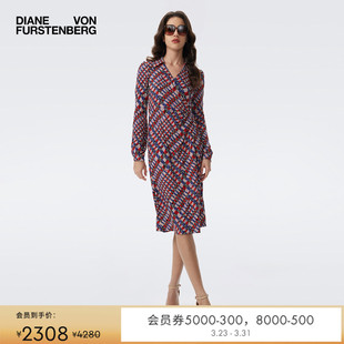 连衣裙DL3T007 DVF多彩棋盘格V领长袖 天丝羊毛