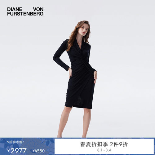 DVF经典黑天丝羊毛修身连衣裙