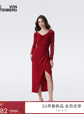 [重工金属针织]DVF2026早春鎏金红礼服感宴会年会连衣裙DL4T004