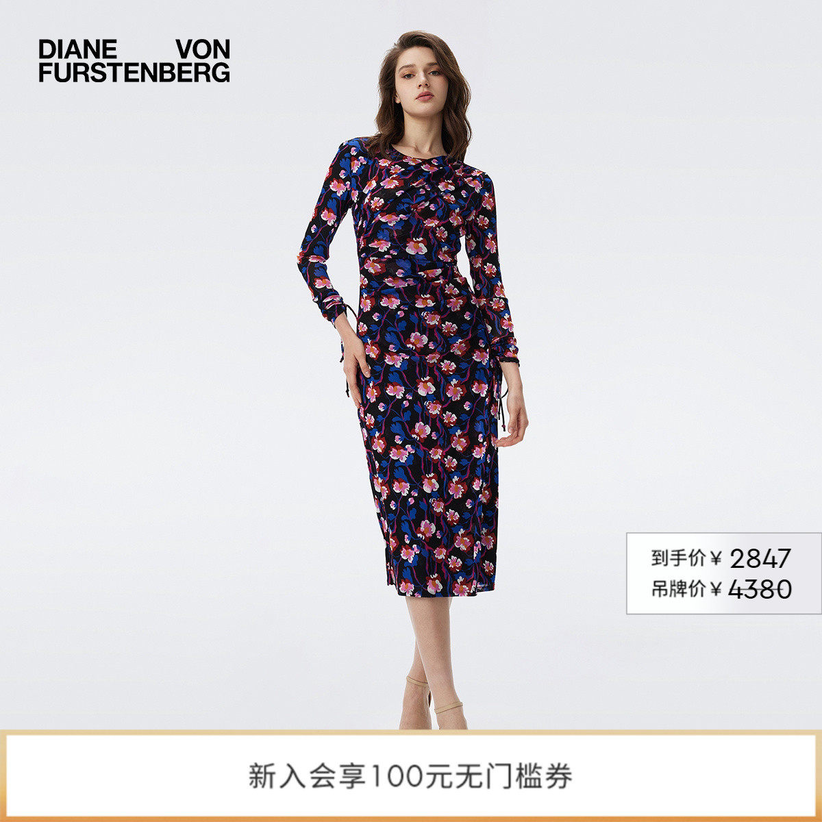 [弹力网纱]DVF彩色浮动花朵圆领弹力网纱长袖连衣裙DL3T006