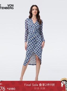 DVF2025秋冬灰蓝菱格纹V领修身长袖连衣裙DL2T010