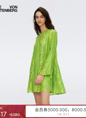 [重工蕾丝花卉]DVF度假V领短款春意绿蕾丝连衣裙DL1S024