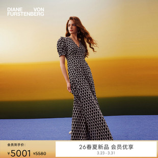 DVF2026春夏新款 黑白蕾丝刺绣棉连衣裙DS1U017 V领茶歇裙泡泡袖