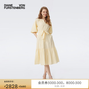 DVF浅黄色夏日条纹印花圆领V字领口灯笼袖 度假风连衣裙DS1T003