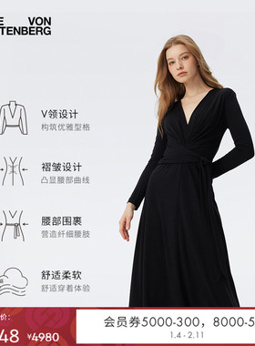 [小黑裙]DVF宴会修身曜石黑天丝羊毛裹身连衣裙MR81E00