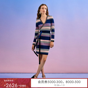 裹身连衣裙DR4R002 修身 DVF V领条纹提花针织长袖