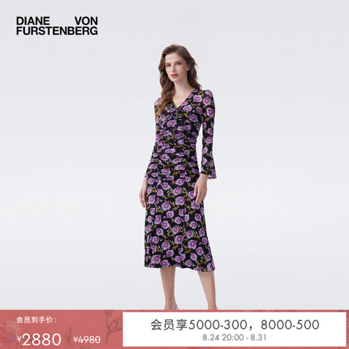 [弹力网纱]DVF2026春夏新款V领黑紫花朵轻薄碎花连衣裙DL4T005