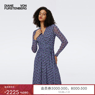 DVF蓝色菱形图案弹力网纱裹身连衣裙DW3S001