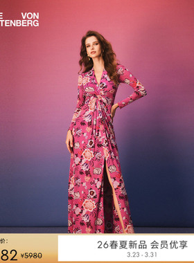 DVF2026早春新款V领长袖魅惑粉柳枝花卉印花礼服连衣裙GL4T004