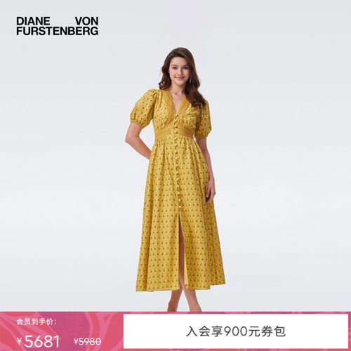DVF2026早秋新款茶歇裙雏菊黄泡泡袖短袖连衣裙DS2U003