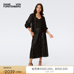 DVF度假亮片曜石黑纯色中长款 伞摆半裙KM4S005