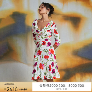 DVF碎花裙一字肩V领七分袖 印花连衣裙DL1S003