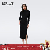小黑裙 DVF曜石黑纯色烟管领开衩连衣裙DL3S035