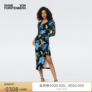 DVF蓝色浪漫繁花图案仿裹身裙修身 连衣裙DW3S008