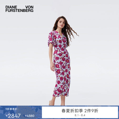 [七夕礼物]DVF2026春夏新款度假风蓝紫色摩登比芭玫瑰轻薄裹身裙