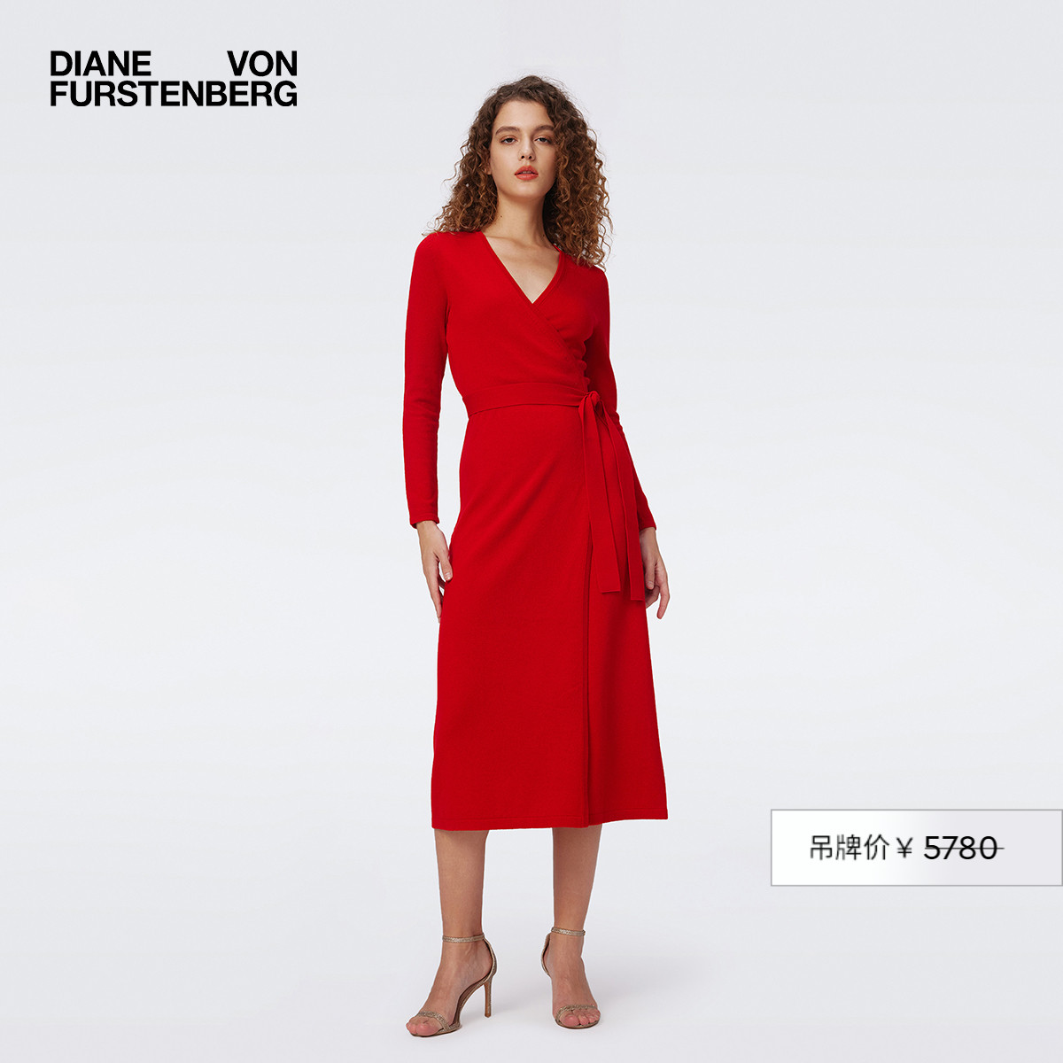 DVF枫叶红V领长袖针织裹身裙