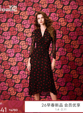 [重工植绒网纱]DVF2026早春新款锁爱红唇弹力网纱裹身裙DW4T007