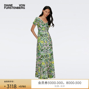 DVF绿色度假一字领佩斯利印花长裙连衣裙DS1S046