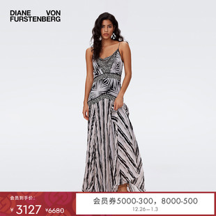 粉黑海莲花条纹拼接长裙度假连衣裙DS2S034 DVF女装 博主同款