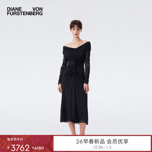 黑一字肩连衣裙DL4T008 DVF2026早春度假系列经典 弹力网纱