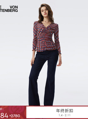 [双面穿]DVF2025秋冬棋盘格红黑豹纹双面弹力网纱V领上衣BL3T003