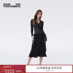 WW4T001 DVF2026早春金属银V领罗纹裹身针织衫 重工罗纹针织