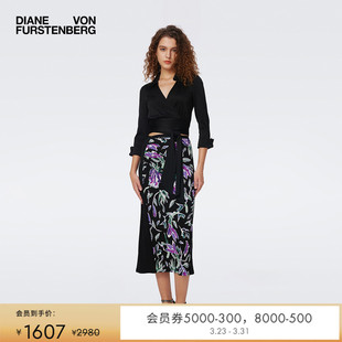 DVF碎花裙气质曜石黑色拼接植物印花半裙KM2S004