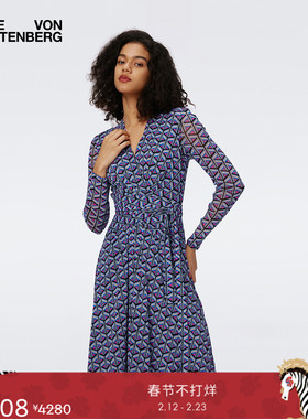 [弹力网纱]DVF蓝色菱形图案弹力网纱裹身连衣裙DW3S001