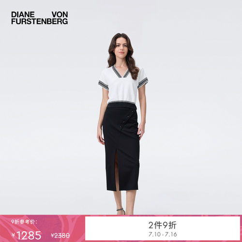 DVF V领简约优雅黑白拼色短袖针织上衣WS2T002