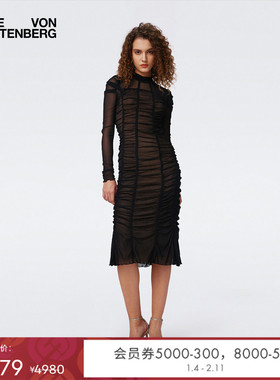 [弹力网纱]DVF2025新款立领结构线MIDI裙长小黑裙DL4S024
