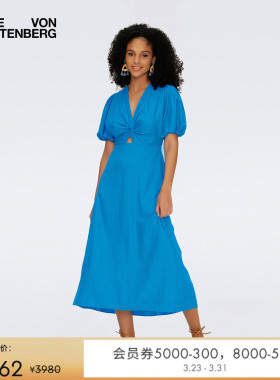 DVF 茶歇裙V领度假泡泡袖纯色连衣裙DS1S030