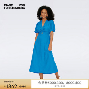 DVF 纯色连衣裙DS1S030 茶歇裙V领度假泡泡袖