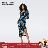 DVF蓝色浪漫繁花图案V领裹身连衣裙DW3S008