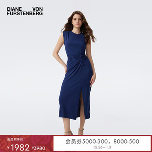 海军蓝纯色修身 DVF2025新款 扭结开叉连衣裙DS1T010 博主同款