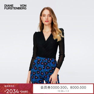 DVF 弹力网纱上衣BL4R007 黑色内搭V领打底衫