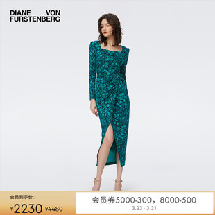 DVF绿色石榴花图案复古方领开叉设计收腰修身 连衣裙DL3S016