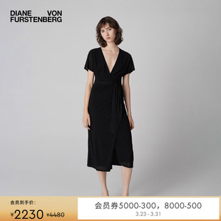 薄绉针织修身 V领曜石黑荷叶袖 DVF 裹身裙连衣裙DW1T001 小黑裙
