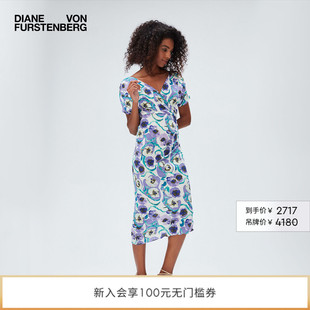 修身 连衣裙DS2R013 V领蓝绿紫抽象水彩花卉印花中长款 DVF