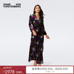 DVF2025新款 粉紫色艺术笔刷图案丝绒烧花工艺裹身连衣裙DW4S008