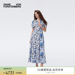 DVF2026春夏新款V领茶歇裙蓝白绿野仙踪泡泡袖长款连衣裙DS1U018