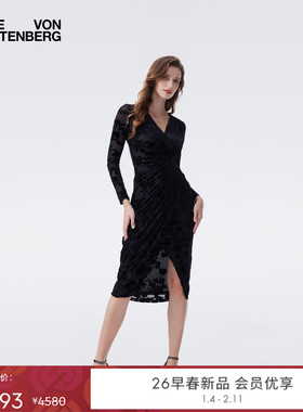 [重工烧花丝绒]DVF2026早春新款黑色藤蔓丝绒修身连衣裙DL4T021